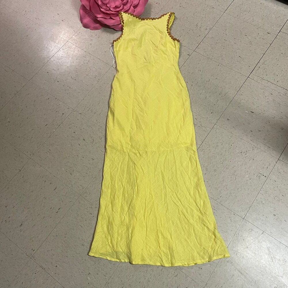 HELLO MOLLY Ric Rac Trim Country Summer Linen Blend Maxi Dress Yellow/Brown - Picture 5 of 11